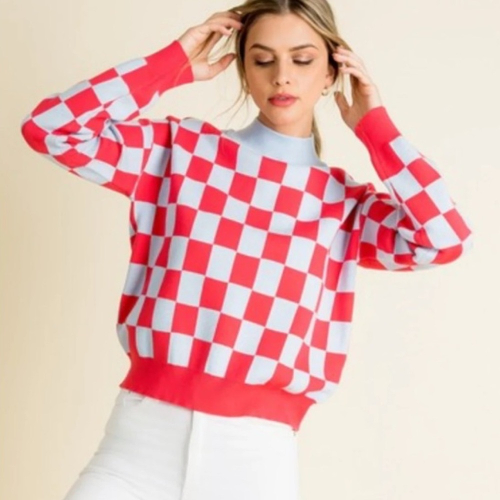 THML Sweater Women’s Size L Blue Pink-Red Checkered Mock Neck Knit L/S Pullover
